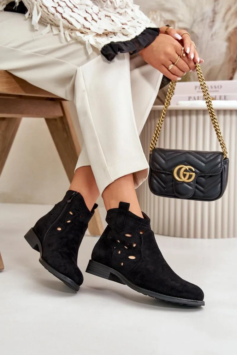 Discount Botki Damskie Ażurowe Na Zamek Czarne S.Barski HY42-081 Damskie Botki Ażurowe|Botki Płaskie