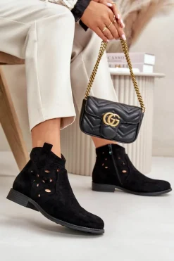 Discount Botki Damskie Ażurowe Na Zamek Czarne S.Barski HY42-081 Damskie Botki Ażurowe|Botki Płaskie