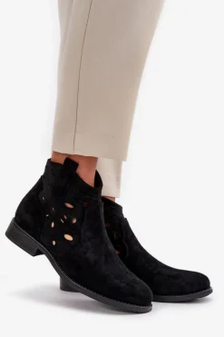 Discount Botki Damskie Ażurowe Na Zamek Czarne S.Barski HY42-081 Damskie Botki Ażurowe|Botki Płaskie