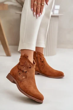 Botki Ażurowe|Botki Zamszowe>Damskie buty S.Barski Botki Damskie Ażurowe Na Zamek Camel S.Barski HY42-081 Brązowy