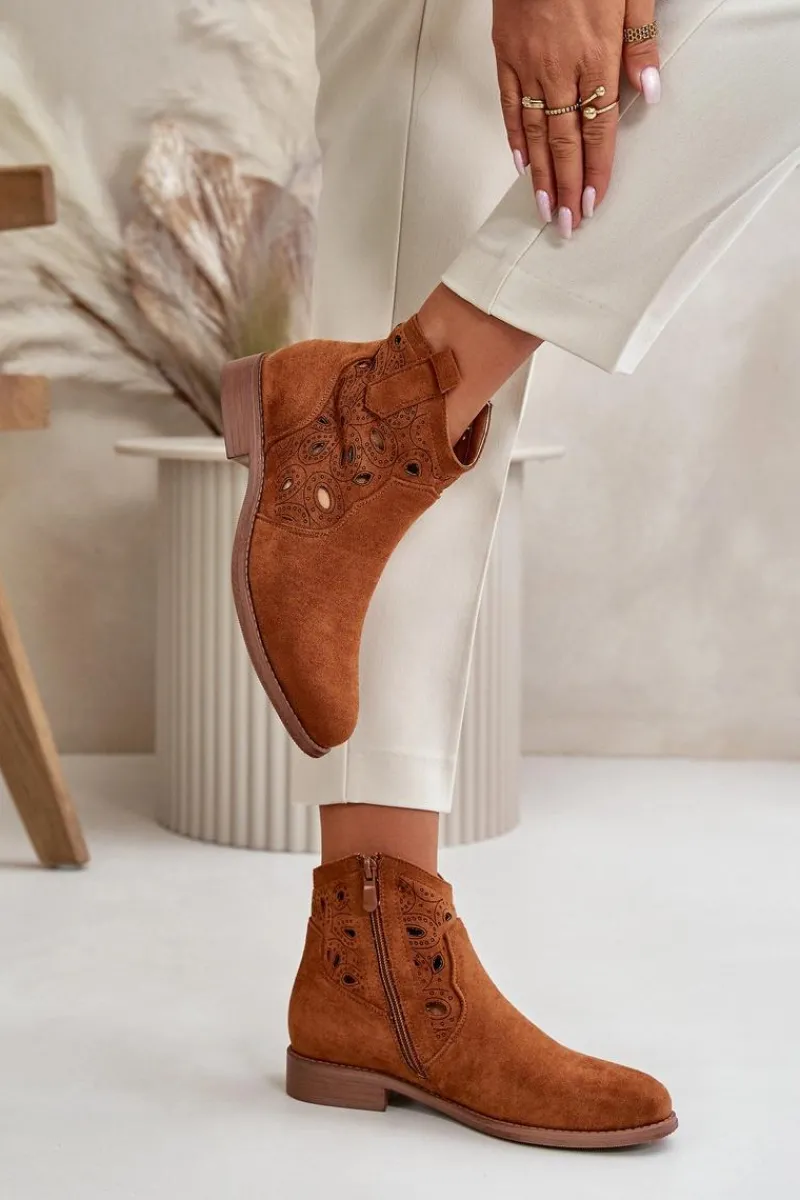 Botki Ażurowe|Botki Zamszowe>Damskie buty S.Barski Botki Damskie Ażurowe Na Zamek Camel S.Barski HY42-081 Brązowy