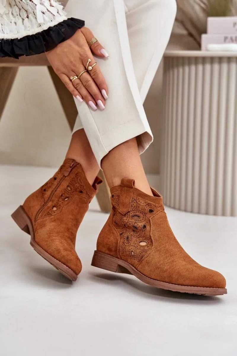 Botki Ażurowe|Botki Zamszowe>Damskie buty S.Barski Botki Damskie Ażurowe Na Zamek Camel S.Barski HY42-081 Brązowy