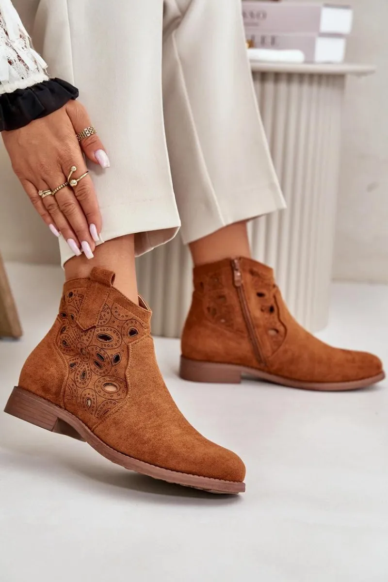 Botki Ażurowe|Botki Zamszowe>Damskie buty S.Barski Botki Damskie Ażurowe Na Zamek Camel S.Barski HY42-081 Brązowy