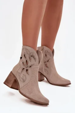 Botki Damskie Ażurowe Z Naturalnego Zamszu Na Słupku 3690 Beżowe Damskie Botki Skórzane|Botki Na Słupku