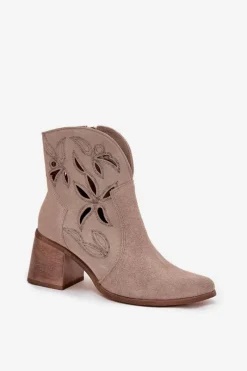 Botki Damskie Ażurowe Z Naturalnego Zamszu Na Słupku 3690 Beżowe Damskie Botki Skórzane|Botki Na Słupku