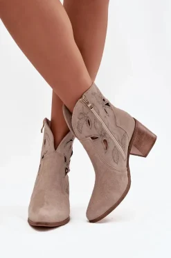 Botki Damskie Ażurowe Z Naturalnego Zamszu Na Słupku 3690 Beżowe Damskie Botki Skórzane|Botki Na Słupku