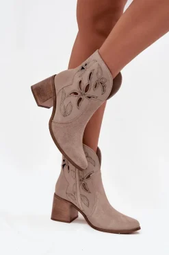 Botki Damskie Ażurowe Z Naturalnego Zamszu Na Słupku 3690 Beżowe Damskie Botki Skórzane|Botki Na Słupku