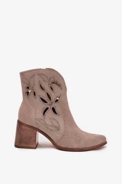 Botki Damskie Ażurowe Z Naturalnego Zamszu Na Słupku 3690 Beżowe Damskie Botki Skórzane|Botki Na Słupku