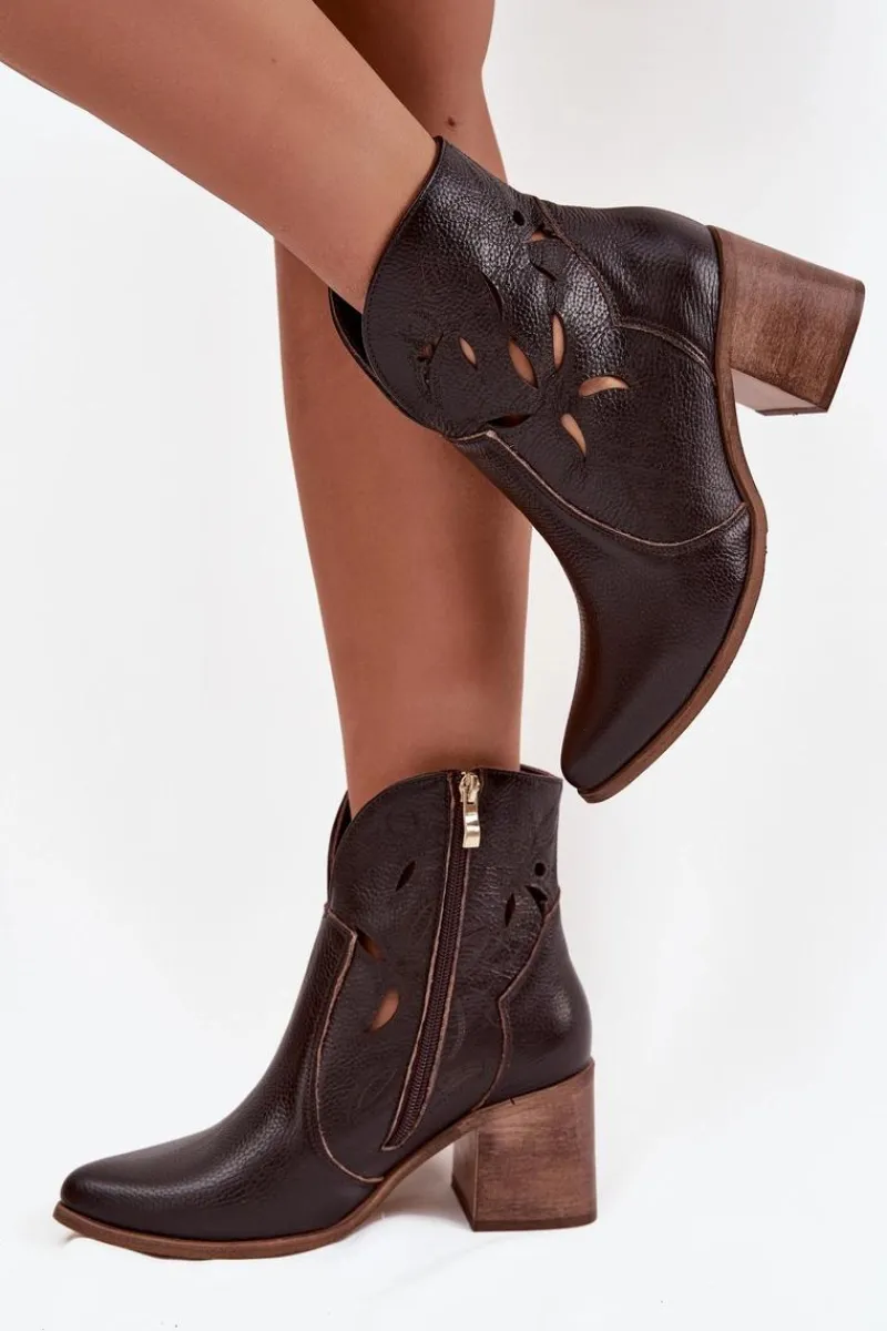 Hot Zazoo Botki Damskie Ażurowe Z Naturalnej Skóry Na Słupku 3690 Czekoladowe Brązowy