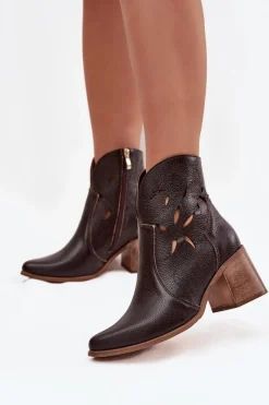Hot Zazoo Botki Damskie Ażurowe Z Naturalnej Skóry Na Słupku 3690 Czekoladowe Brązowy