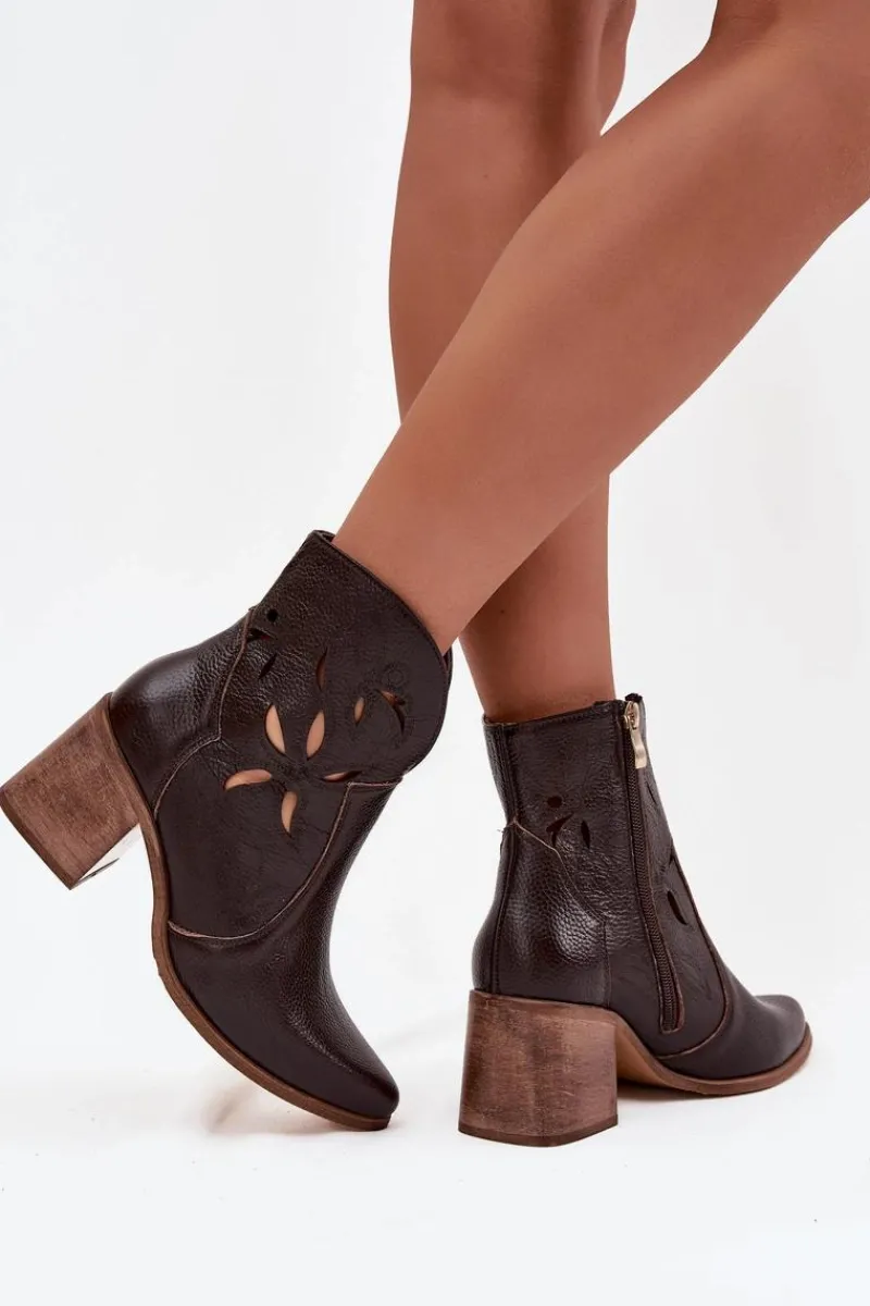 Hot Zazoo Botki Damskie Ażurowe Z Naturalnej Skóry Na Słupku 3690 Czekoladowe Brązowy