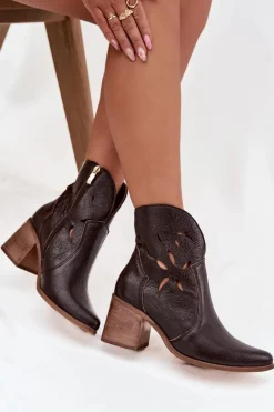 Hot Zazoo Botki Damskie Ażurowe Z Naturalnej Skóry Na Słupku 3690 Czekoladowe Brązowy