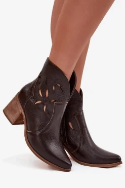 Hot Zazoo Botki Damskie Ażurowe Z Naturalnej Skóry Na Słupku 3690 Czekoladowe Brązowy