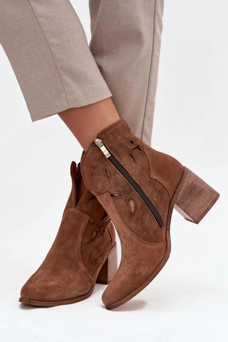 Hot Botki Damskie Ażurowe Z Naturalnego Zamszu Na Słupku 3690 Brązowe Damskie Botki Skórzane|Botki Na Słupku