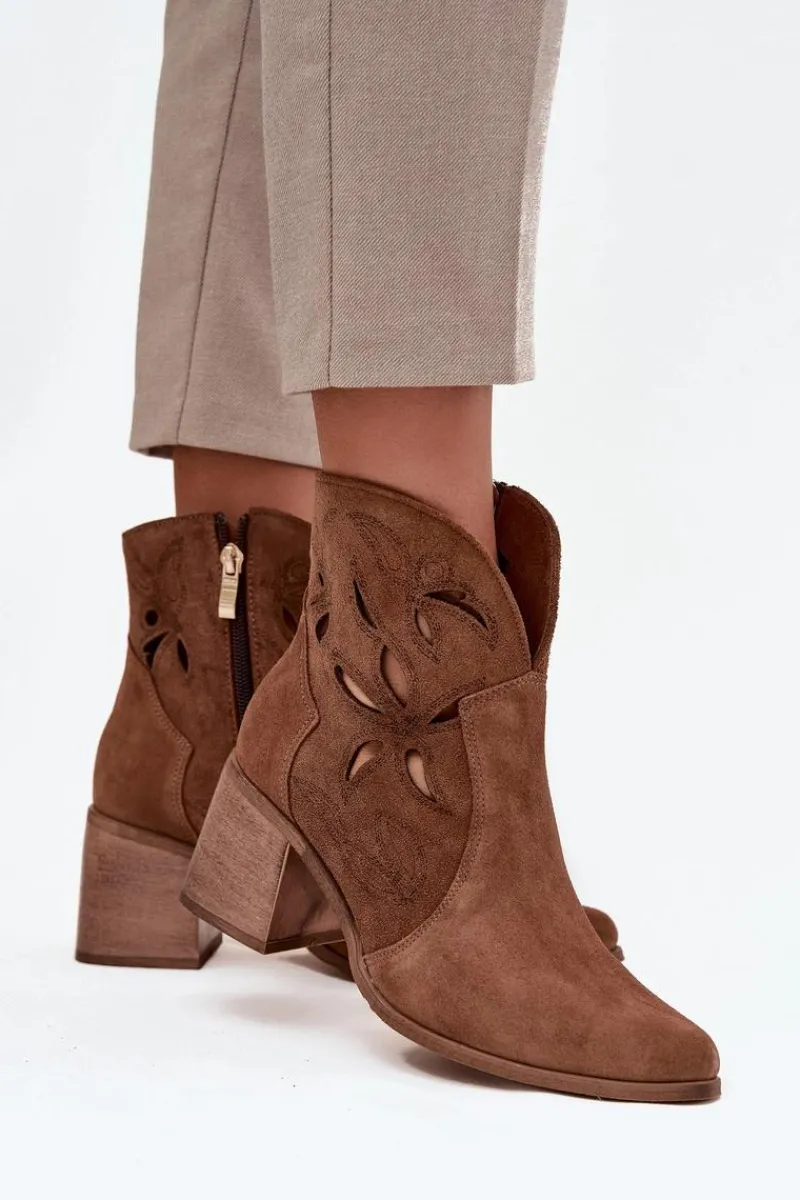 Hot Botki Damskie Ażurowe Z Naturalnego Zamszu Na Słupku 3690 Brązowe Damskie Botki Skórzane|Botki Na Słupku