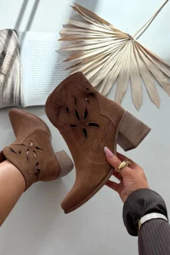 Hot Botki Damskie Ażurowe Z Naturalnego Zamszu Na Słupku 3690 Brązowe Damskie Botki Skórzane|Botki Na Słupku