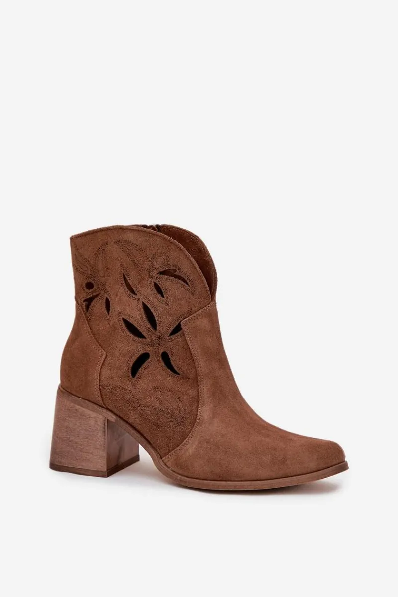 Hot Botki Damskie Ażurowe Z Naturalnego Zamszu Na Słupku 3690 Brązowe Damskie Botki Skórzane|Botki Na Słupku