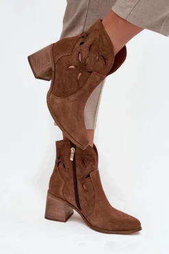Hot Botki Damskie Ażurowe Z Naturalnego Zamszu Na Słupku 3690 Brązowe Damskie Botki Skórzane|Botki Na Słupku