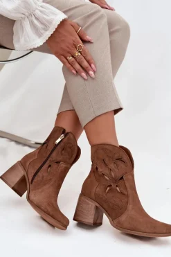Hot Botki Damskie Ażurowe Z Naturalnego Zamszu Na Słupku 3690 Brązowe Damskie Botki Skórzane|Botki Na Słupku
