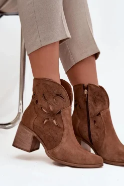 Hot Botki Damskie Ażurowe Z Naturalnego Zamszu Na Słupku 3690 Brązowe Damskie Botki Skórzane|Botki Na Słupku