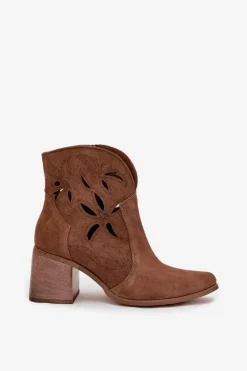 Hot Botki Damskie Ażurowe Z Naturalnego Zamszu Na Słupku 3690 Brązowe Damskie Botki Skórzane|Botki Na Słupku