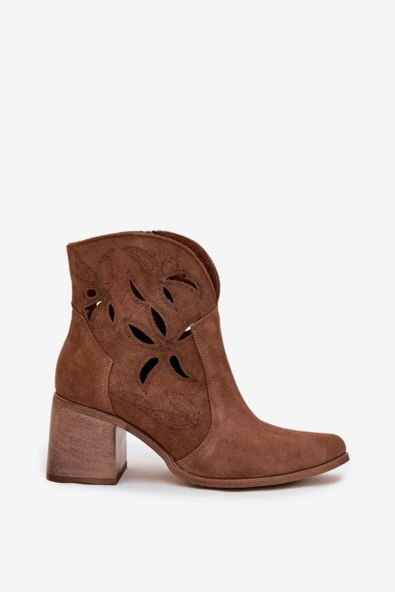 Hot Botki Damskie Ażurowe Z Naturalnego Zamszu Na Słupku 3690 Brązowe Damskie Botki Skórzane|Botki Na Słupku