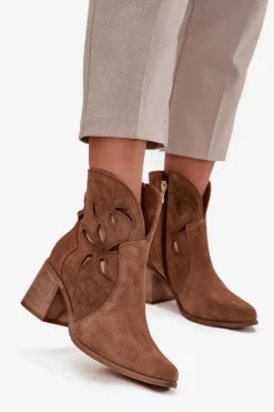 Hot Botki Damskie Ażurowe Z Naturalnego Zamszu Na Słupku 3690 Brązowe Damskie Botki Skórzane|Botki Na Słupku