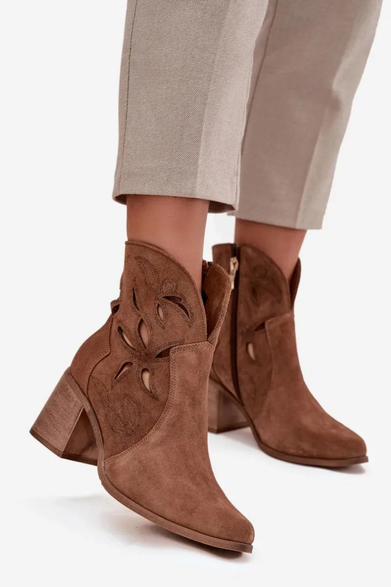 Hot Botki Damskie Ażurowe Z Naturalnego Zamszu Na Słupku 3690 Brązowe Damskie Botki Skórzane|Botki Na Słupku