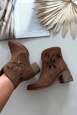 Hot Botki Damskie Ażurowe Z Naturalnego Zamszu Na Słupku 3690 Brązowe Damskie Botki Skórzane|Botki Na Słupku