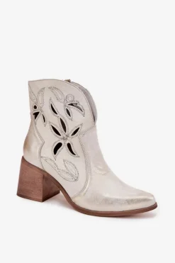 Botki Skórzane|Botki Na Słupku></noscript>Zazoo Botki Damskie Ażurowe Z Naturalnej Skóry Na Słupku 3690 Przecierany Złoty