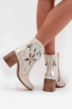 Botki Skórzane|Botki Na Słupku></noscript>Zazoo Botki Damskie Ażurowe Z Naturalnej Skóry Na Słupku 3690 Przecierany Złoty