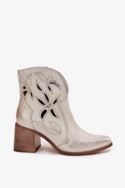 Botki Skórzane|Botki Na Słupku></noscript>Zazoo Botki Damskie Ażurowe Z Naturalnej Skóry Na Słupku 3690 Przecierany Złoty