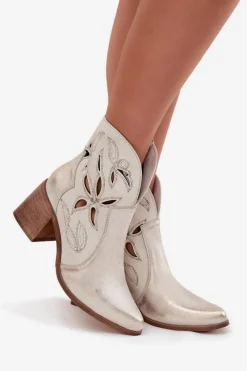 Botki Skórzane|Botki Na Słupku></noscript>Zazoo Botki Damskie Ażurowe Z Naturalnej Skóry Na Słupku 3690 Przecierany Złoty