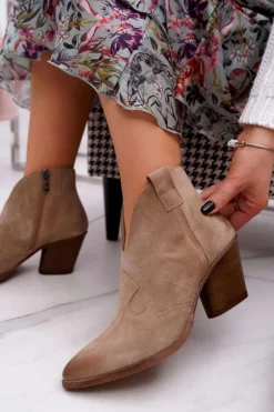 Discount Boto Botki Damskie Beżowe Skórzane na Obcasie Chavai