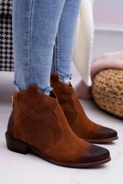 Hot Botki Damskie Brązowe Skórzane Exquisite 1166 Damskie Botki Wiosenne|Brązowe I Beżowe Botki