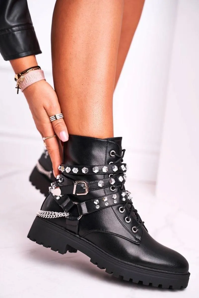 Outlet Botki Damskie Ciepłe Dżety Łańcuchy Czarne Desire Damskie Botki Sznurowane|Czarne Botki