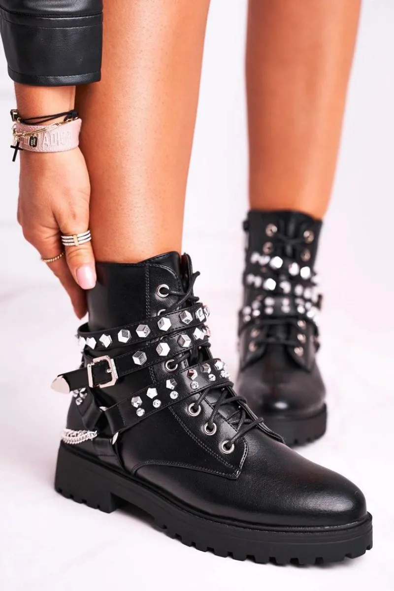 Outlet Botki Damskie Ciepłe Dżety Łańcuchy Czarne Desire Damskie Botki Sznurowane|Czarne Botki