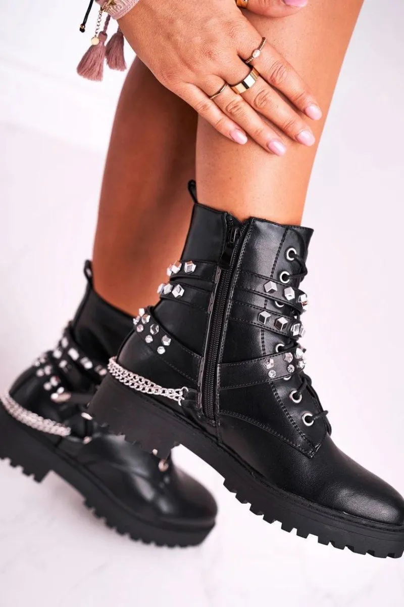 Outlet Botki Damskie Ciepłe Dżety Łańcuchy Czarne Desire Damskie Botki Sznurowane|Czarne Botki