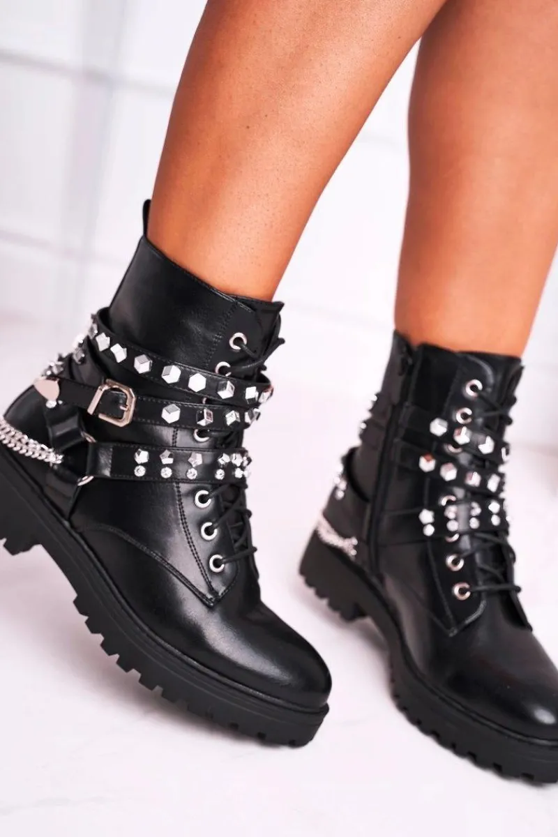 Outlet Botki Damskie Ciepłe Dżety Łańcuchy Czarne Desire Damskie Botki Sznurowane|Czarne Botki
