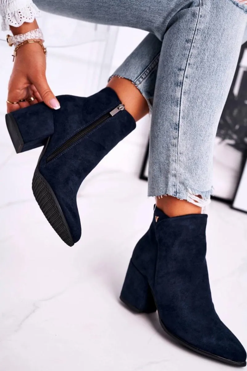 Outlet Botki Damskie Ciepłe Eko Zamsz Granatowe So Good Damskie Botki Na Słupku|Czarne Botki