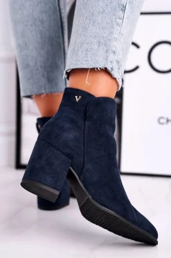 Outlet Botki Damskie Ciepłe Eko Zamsz Granatowe So Good Damskie Botki Na Słupku|Czarne Botki