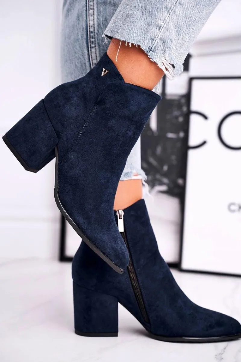 Outlet Botki Damskie Ciepłe Eko Zamsz Granatowe So Good Damskie Botki Na Słupku|Czarne Botki