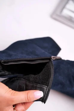 Outlet Botki Damskie Ciepłe Eko Zamsz Granatowe So Good Damskie Botki Na Słupku|Czarne Botki