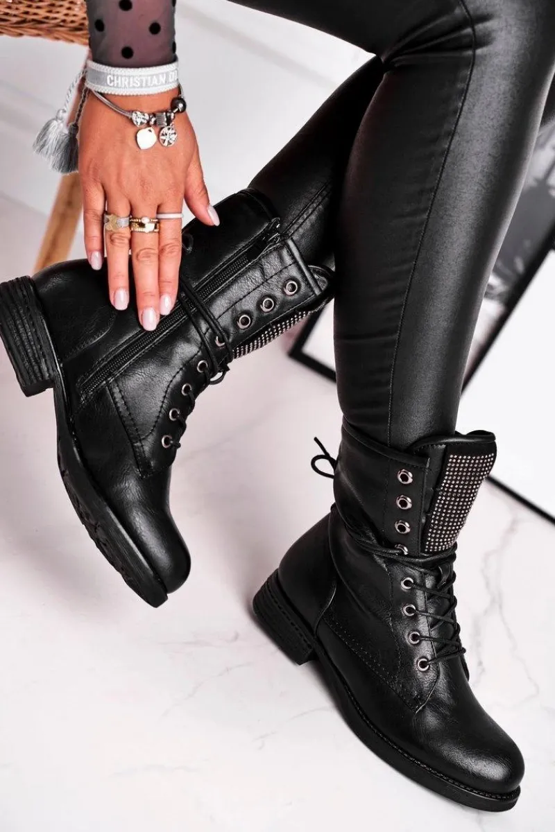 Botki Sznurowane|Czarne Botki>Evento Botki Damskie Ciepłe Workery Z Cyrkoniami Czarne Seven Days