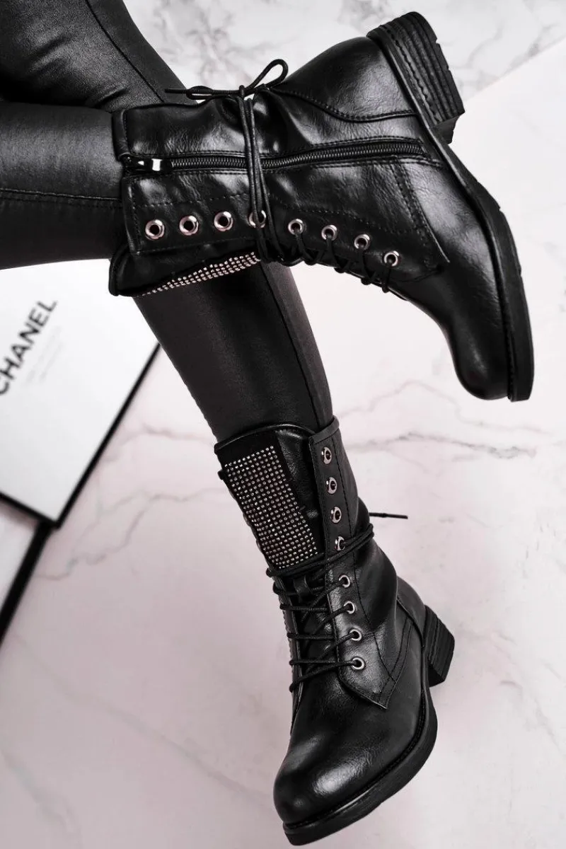 Botki Sznurowane|Czarne Botki>Evento Botki Damskie Ciepłe Workery Z Cyrkoniami Czarne Seven Days