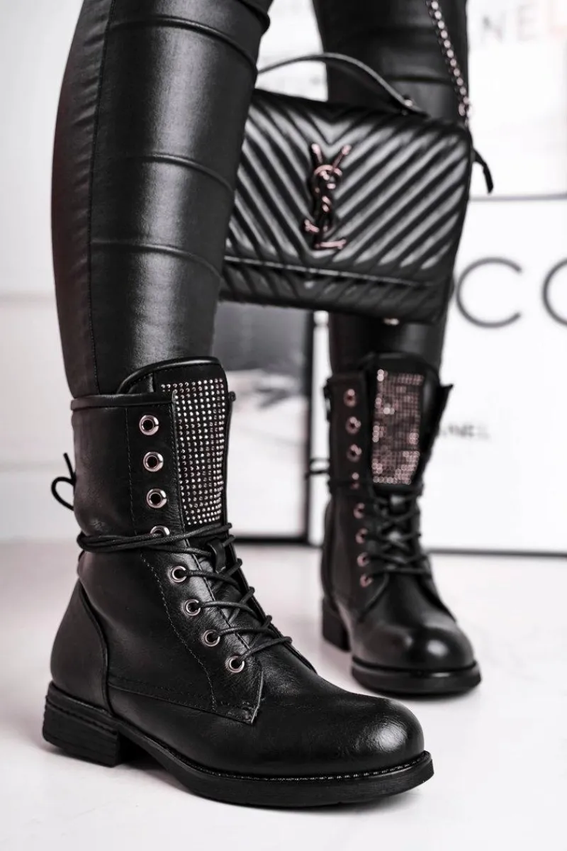 Botki Sznurowane|Czarne Botki>Evento Botki Damskie Ciepłe Workery Z Cyrkoniami Czarne Seven Days