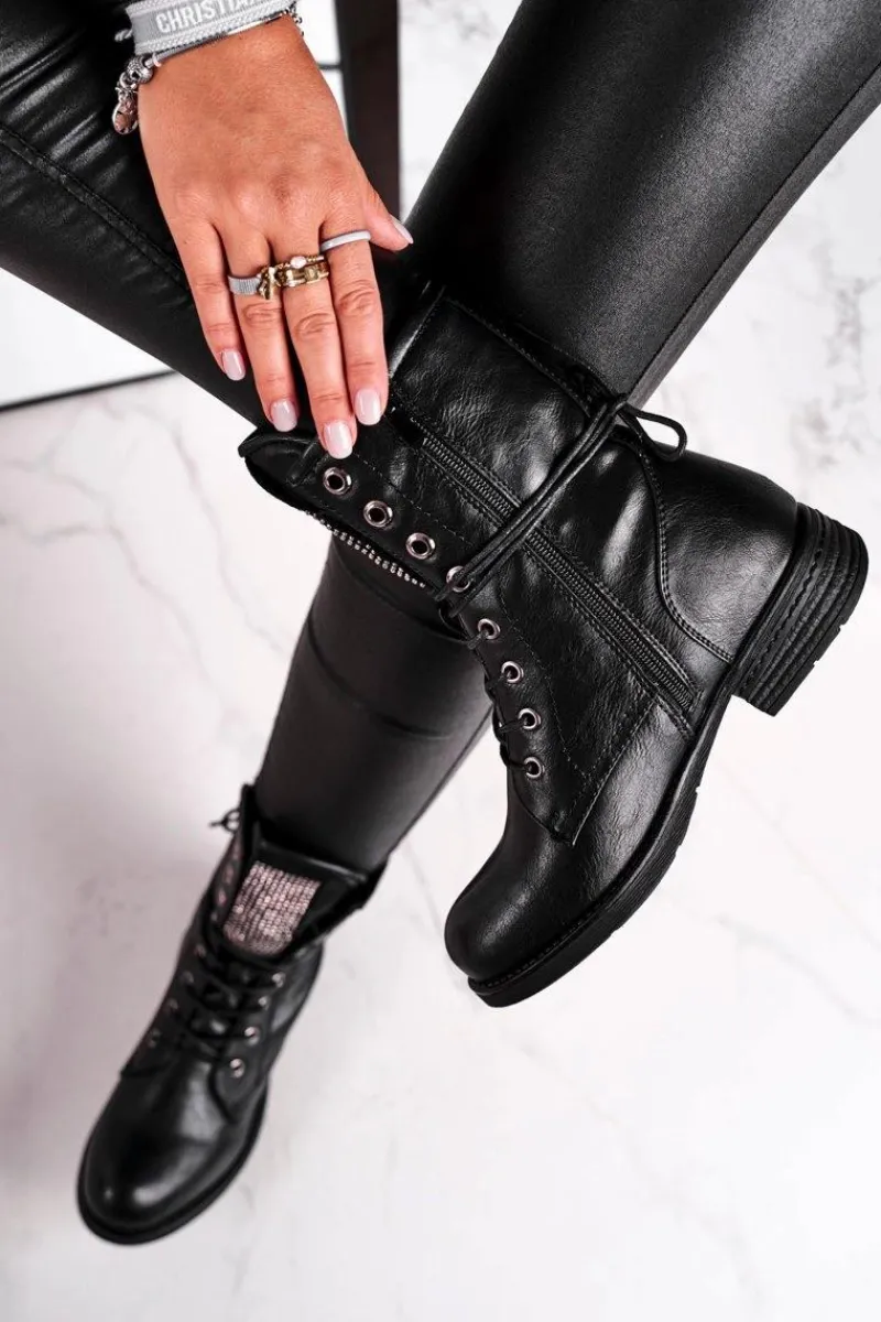 Botki Sznurowane|Czarne Botki>Evento Botki Damskie Ciepłe Workery Z Cyrkoniami Czarne Seven Days