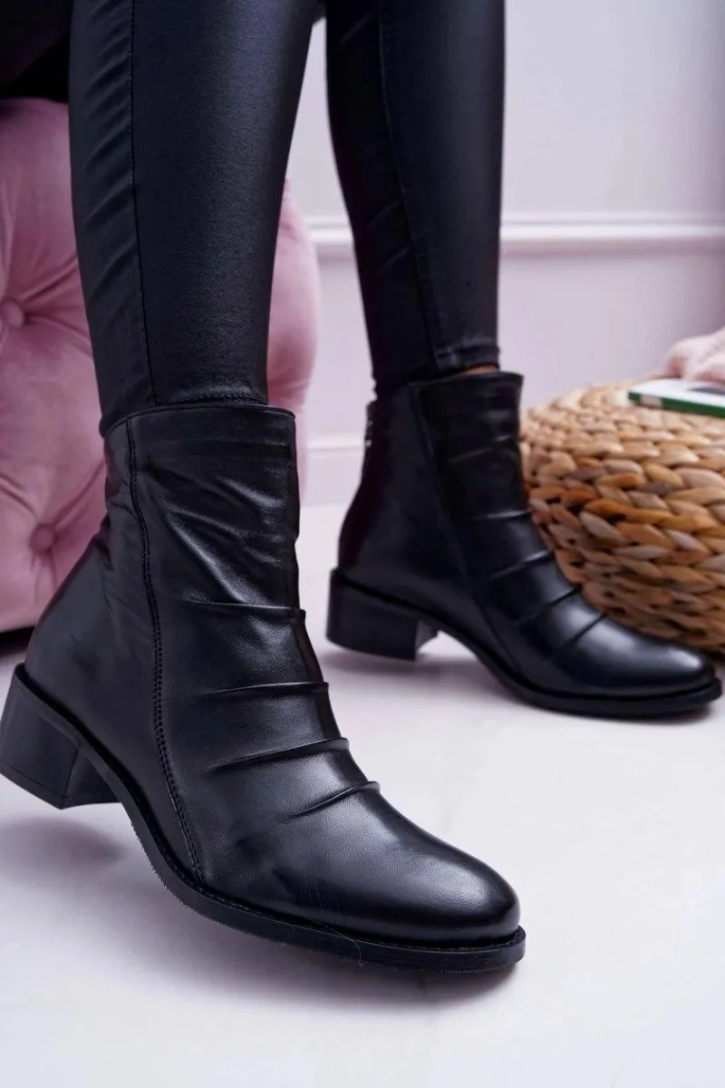 Botki Zimowe Damskie|Botki Płaskie>Laura Messi Botki Damskie Czarne Płaski Obcas Skóra Naturalna