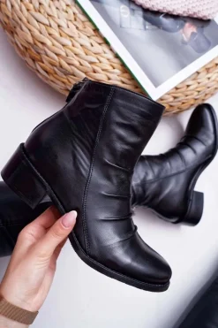 Botki Zimowe Damskie|Botki Płaskie>Laura Messi Botki Damskie Czarne Płaski Obcas Skóra Naturalna