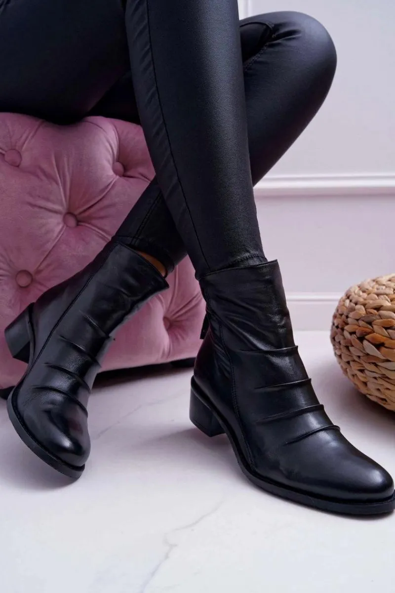 Botki Zimowe Damskie|Botki Płaskie>Laura Messi Botki Damskie Czarne Płaski Obcas Skóra Naturalna